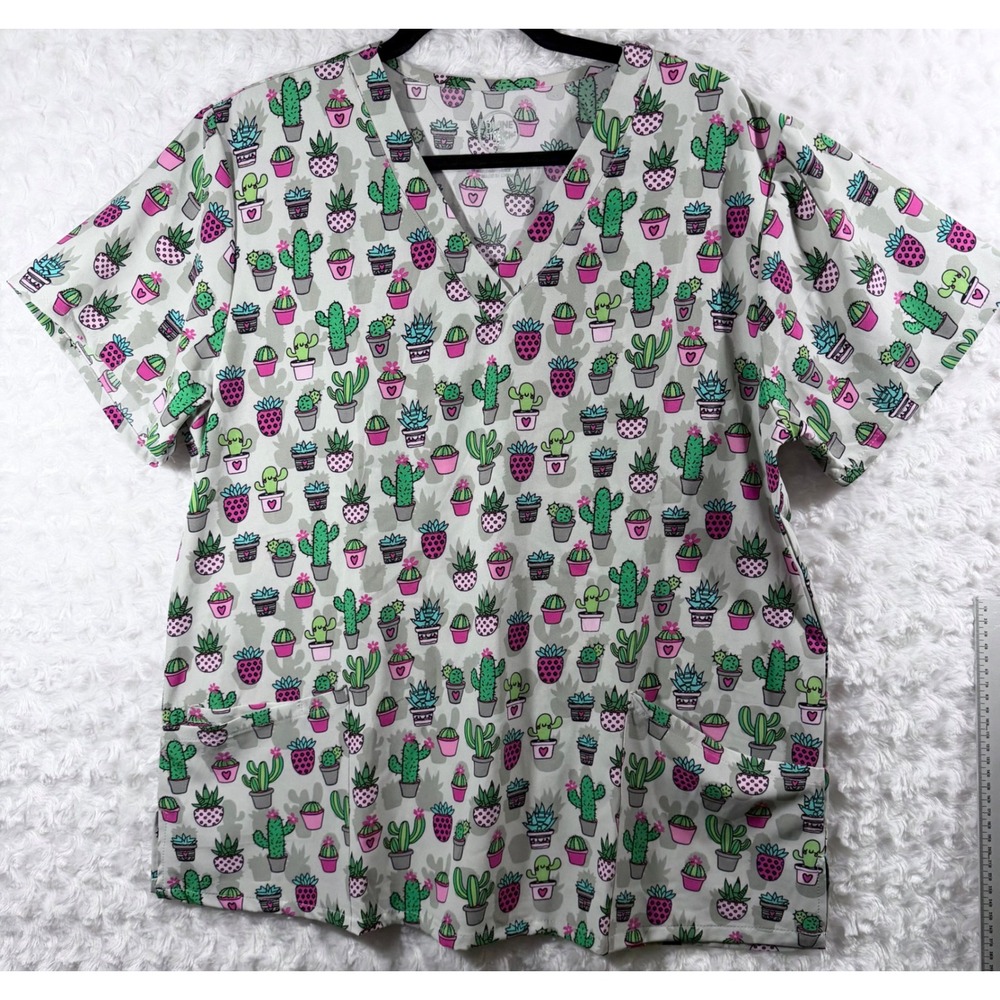 Divine Stretch Size 2X Cactus Succulent Print Gray Pink Green Scrub Too
